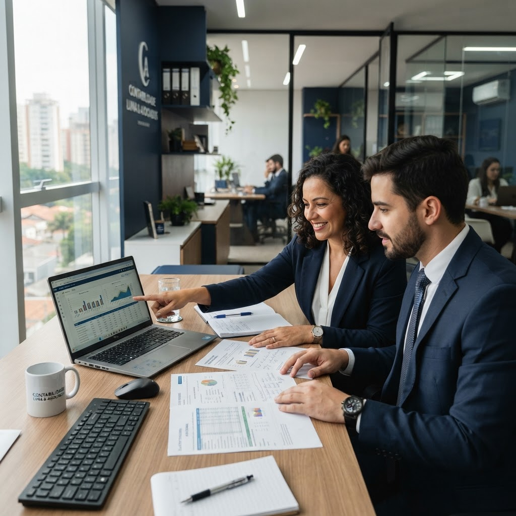 Contadores analisando relatórios financeiros no escritório